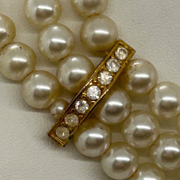 Vintage Faux Pearl & Rose Quartz Triple-Strand Necklace With Rhinestone Accents - Picture 13 of 16